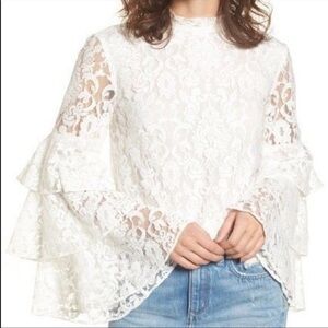 Leith White Lace Ruffle Long Sleeve Mock Neck Shirt